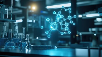 Quantum mechanics applied to computational chemistry, visualized with glowing quantum molecules interacting in a digital lab