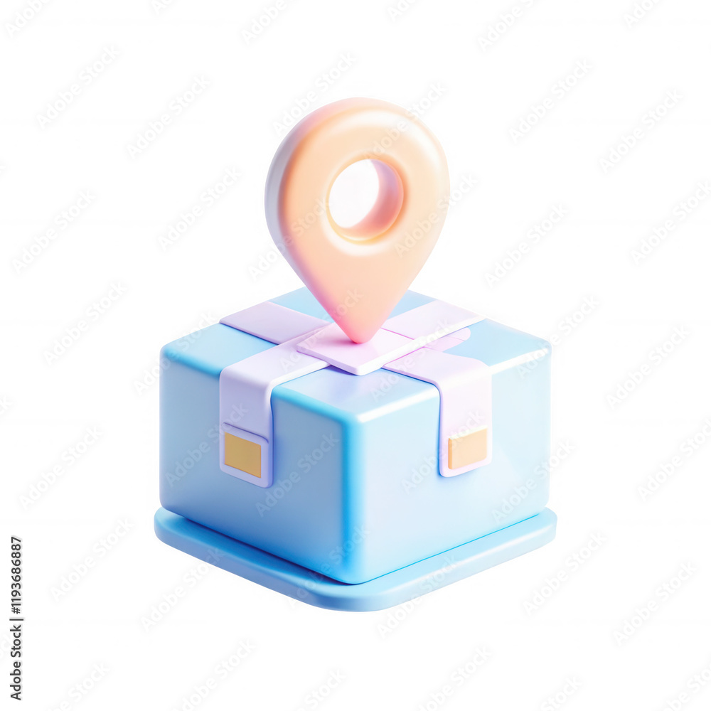 Poster a 3d image of a pastel-colored delivery box featuring a location pin on top. the design is modern an