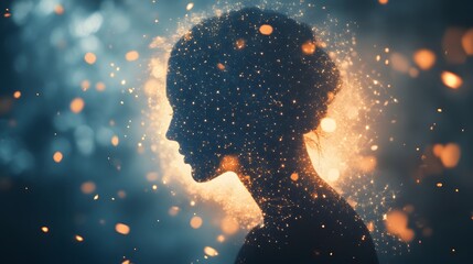 A human silhouette dissolving into layered polygons each fragment glowing with soft ethereal light.