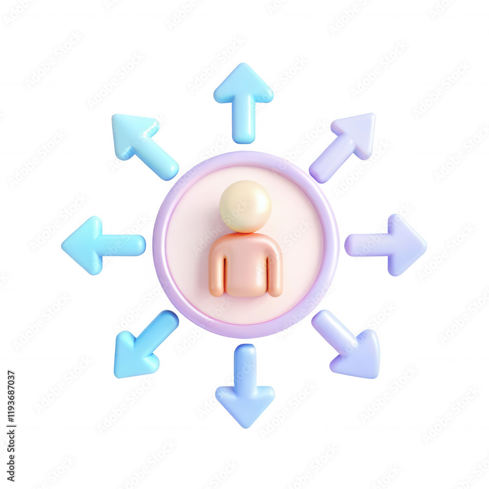 Poster a 3d character model in a central position, surrounded by arrows pointing in various directions, sho
