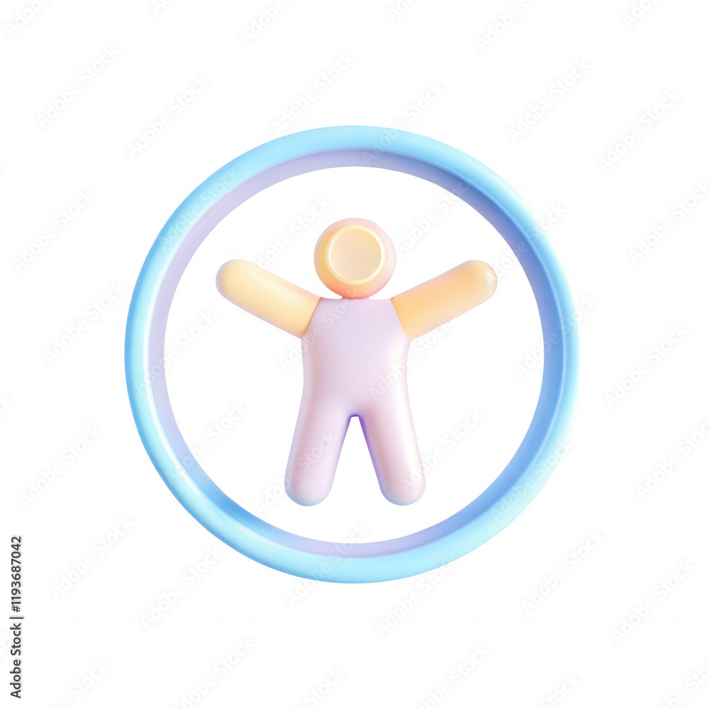 Poster a colorful 3d icon depicting a human figure enclosed in a circular shape, designed in soft pastel to