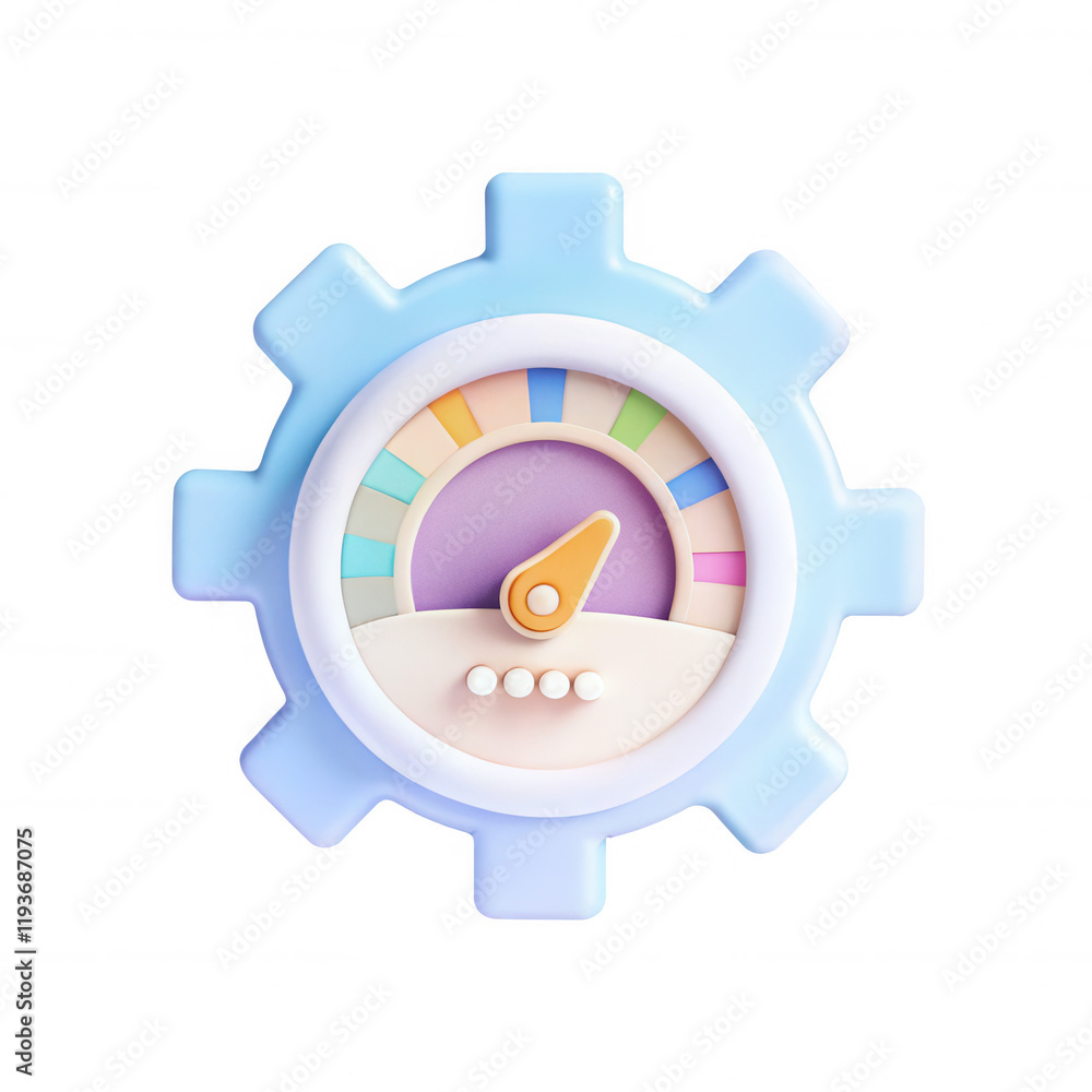 Poster a 3d rendered gear-shaped gauge with a colorful dial. the gauge has a white face and an orange indic