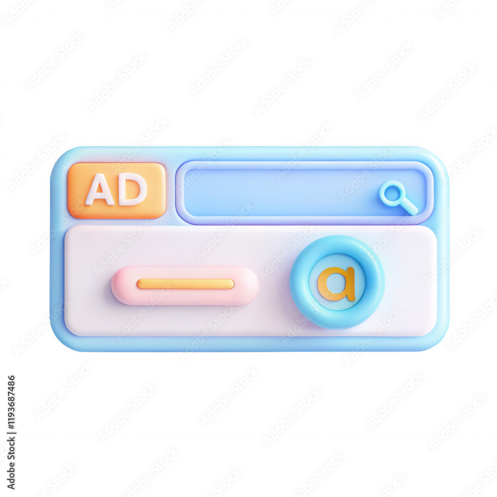 Aufkleber a vibrant 3d render of an advertisement search bar icon featuring pastel colors and simple shapes. i