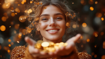 Naklejka premium Woman smiling with golden glitter and bokeh lights creating magical holiday atmosphere
