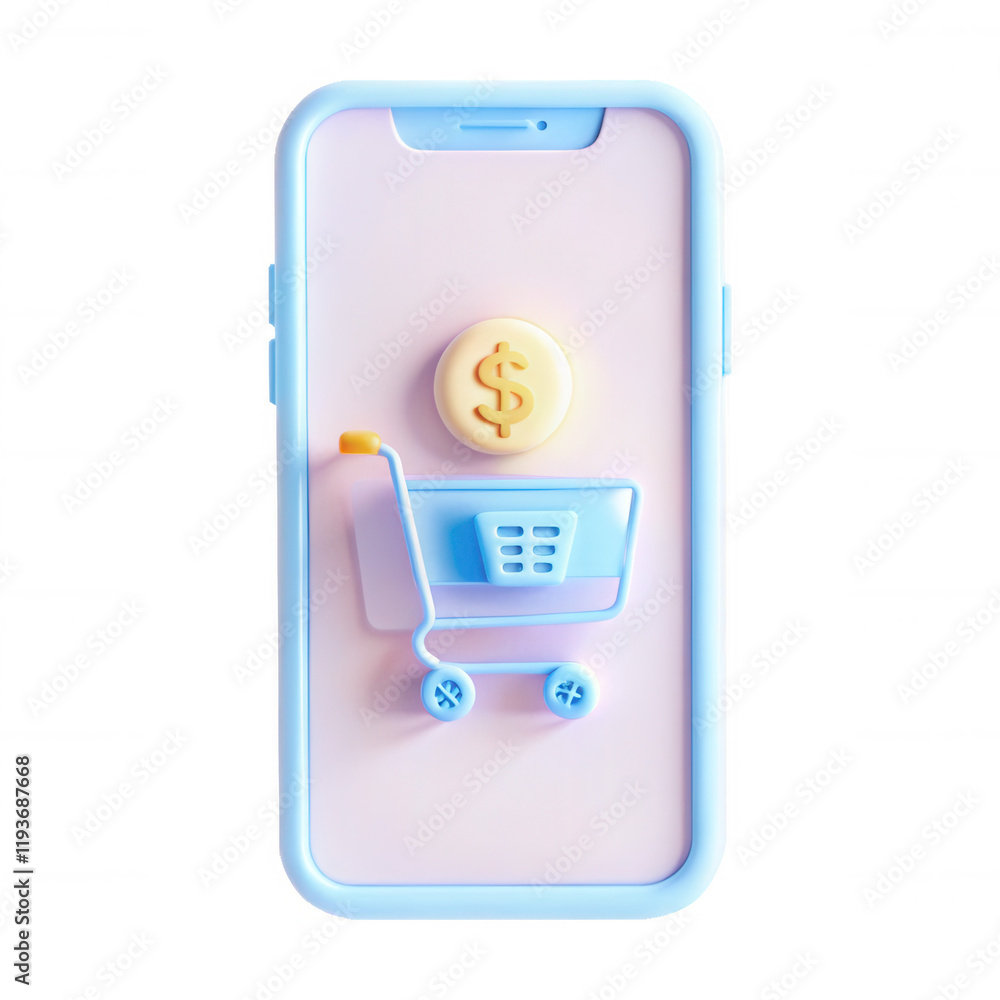 Poster a colorful 3d render of a smartphone displaying a shopping cart and dollar sign, representing online