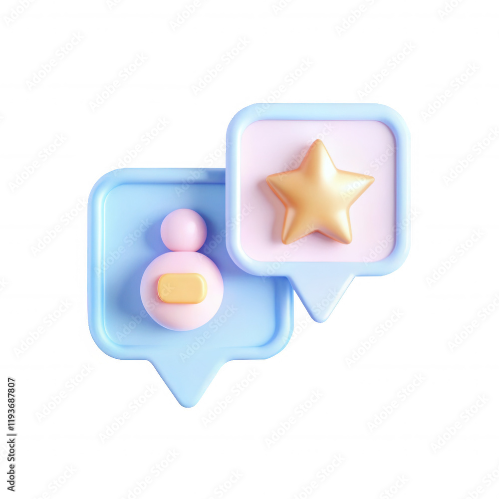 Poster a colorful arrangement of 3d shapes including a star and circular figure within speech bubbles, show
