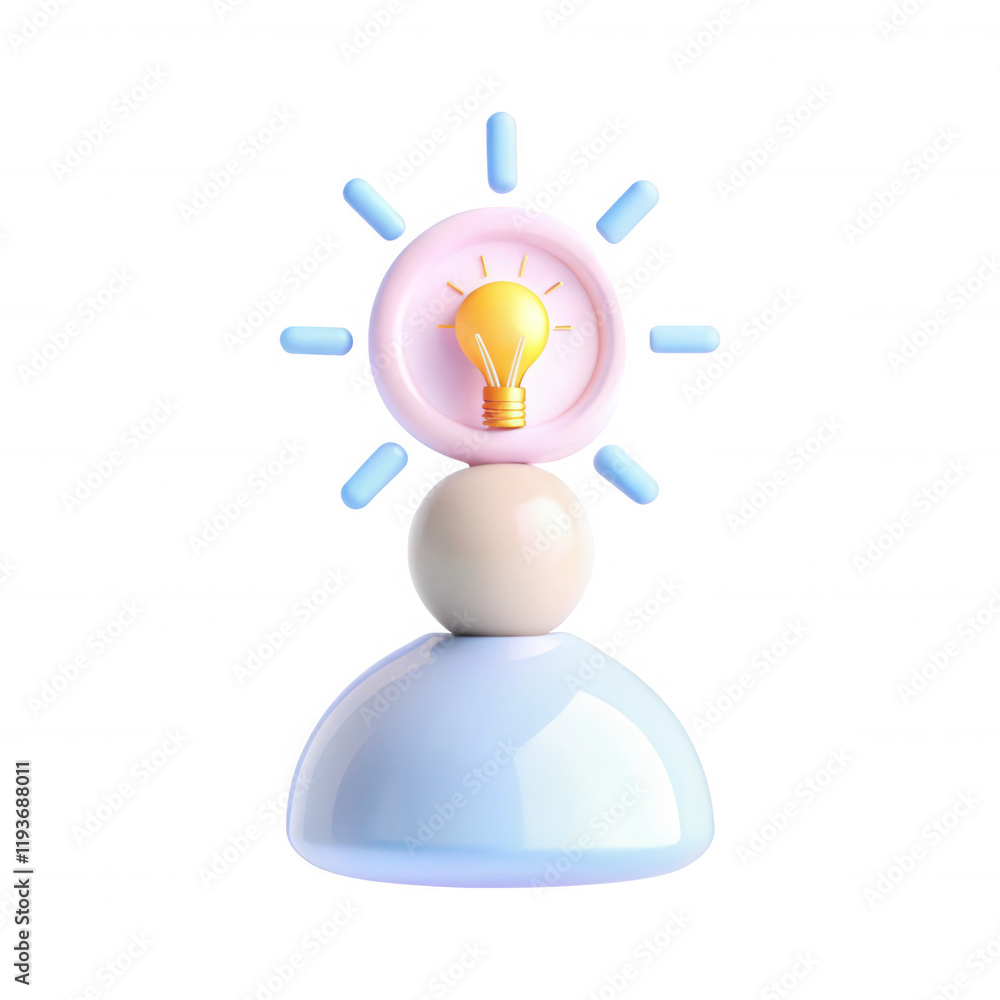 Poster a 3d render of a person with a light bulb symbolizing an idea, featuring pastel colors and stylized 