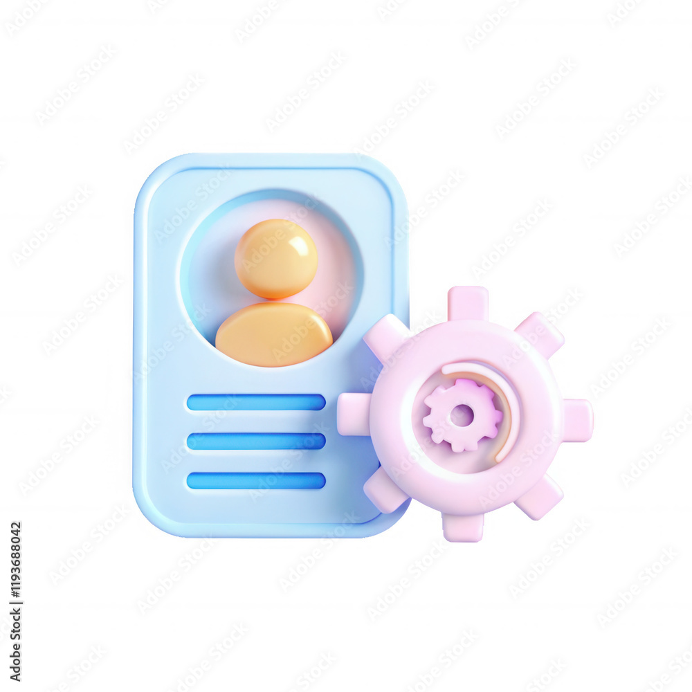 Poster a colorful 3d icon depicting a profile picture next to a gear, symbolizing settings or customization