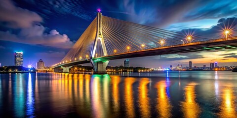 Obraz premium Rama VIII Bridge Night Photography, Bangkok Chao Phraya River, Low Light Scene