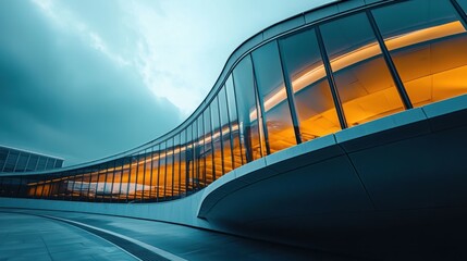 Modern curved glass building exterior at dusk.