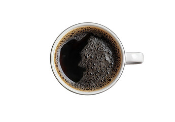 A cup of black coffee with foam on a white background top view isolated on a transparent PNG photo stock a high-resolution photograph featuring a close-up of the drink's rich texture and dark hues