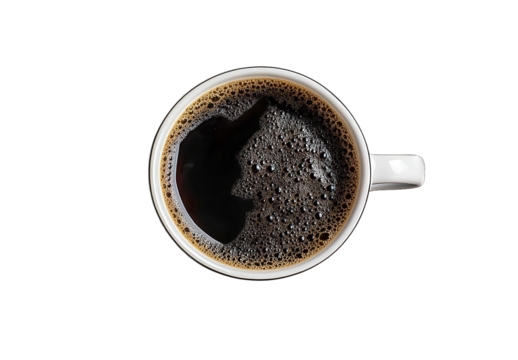 A cup of black coffee with foam on a white background top view isolated on a transparent PNG photo stock a high-resolution photograph featuring a close-up of the drink's rich texture and dark hues