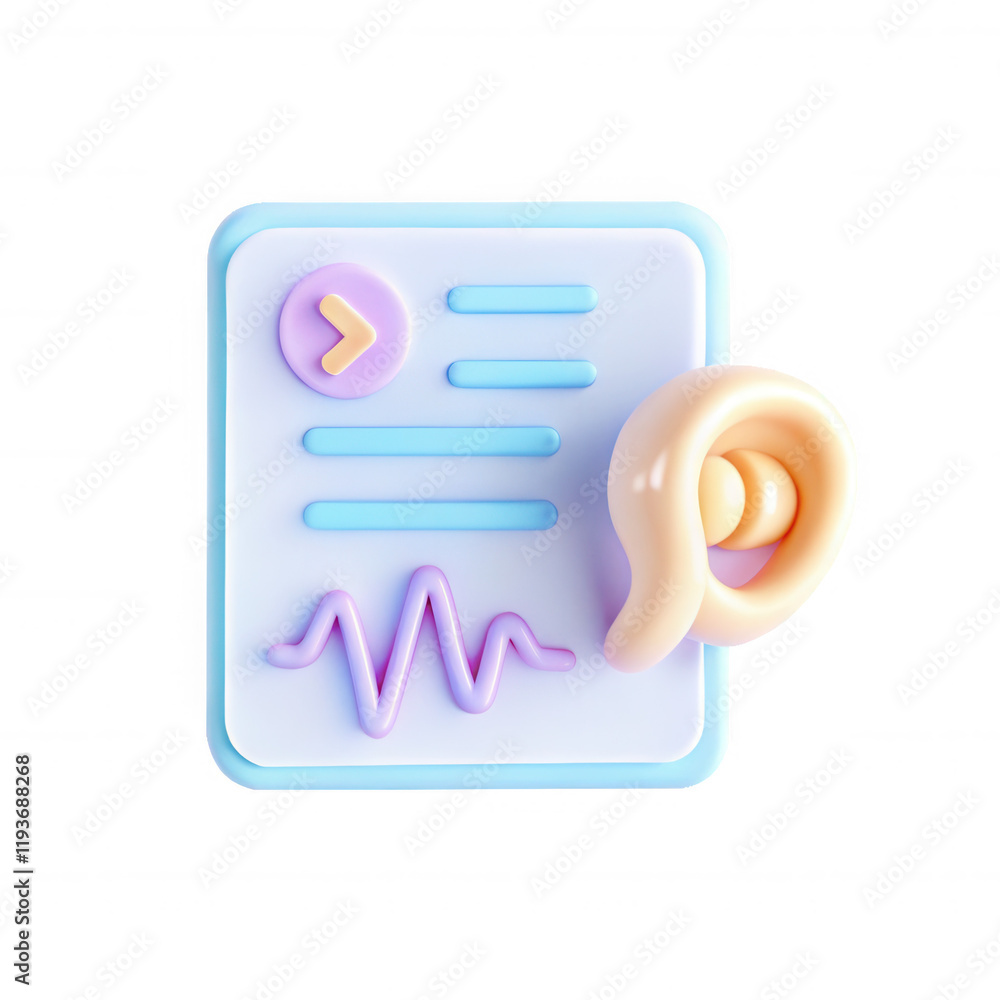 Poster a colorful 3d rendered medical document with an ear illustration and sound waves. it symbolizes heal
