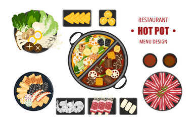 Vector set of Shabu food, Hot Pot, and various spices. Hot soup and boiled vegetables in a hot pot, top view Kitchen utensils isolated on white background For elements in restaurant menu design.