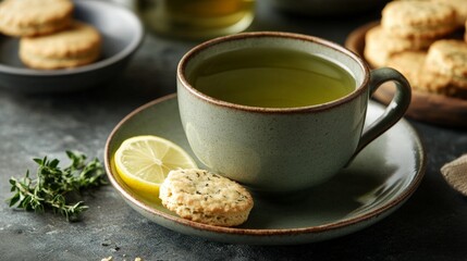 Green tea with lemon and cookies on rustic table setting