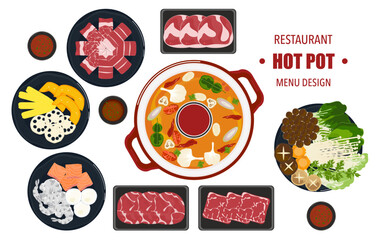 Vector set of Shabu food, Hot Pot, and various spices. Hot soup and boiled vegetables in a hot pot, top view Kitchen utensils isolated on white background For elements in restaurant menu design.