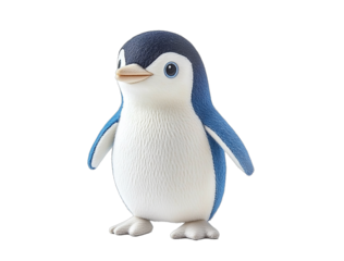 Penguin simple color white background isolated from the edges of the body simple shape no shadow on all four legs standing posture white and blue feathers cute expression