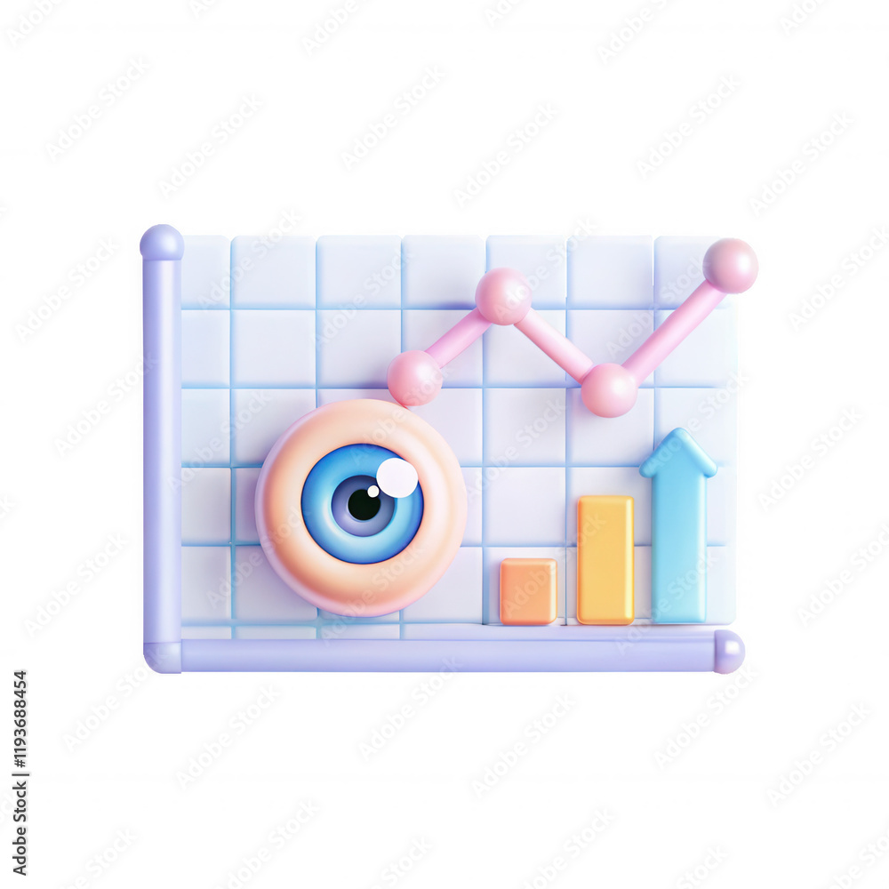 Poster a colorful 3d graph featuring an eye design amidst bar charts. the graph symbolizes growth and analy