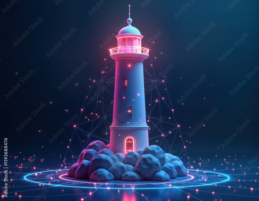 Poster Futuristic lighthouse stands on digital network base. Neon lights illuminate structure. Abstract triangular shapes, glowing dots connect lighthouse to sea of light. Glows with blue, orange. Sea, ship