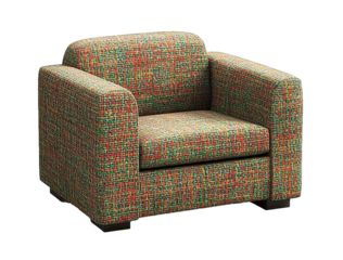 Photograph of an armchair with square arms featuring a woven pattern of green and orange fabric.