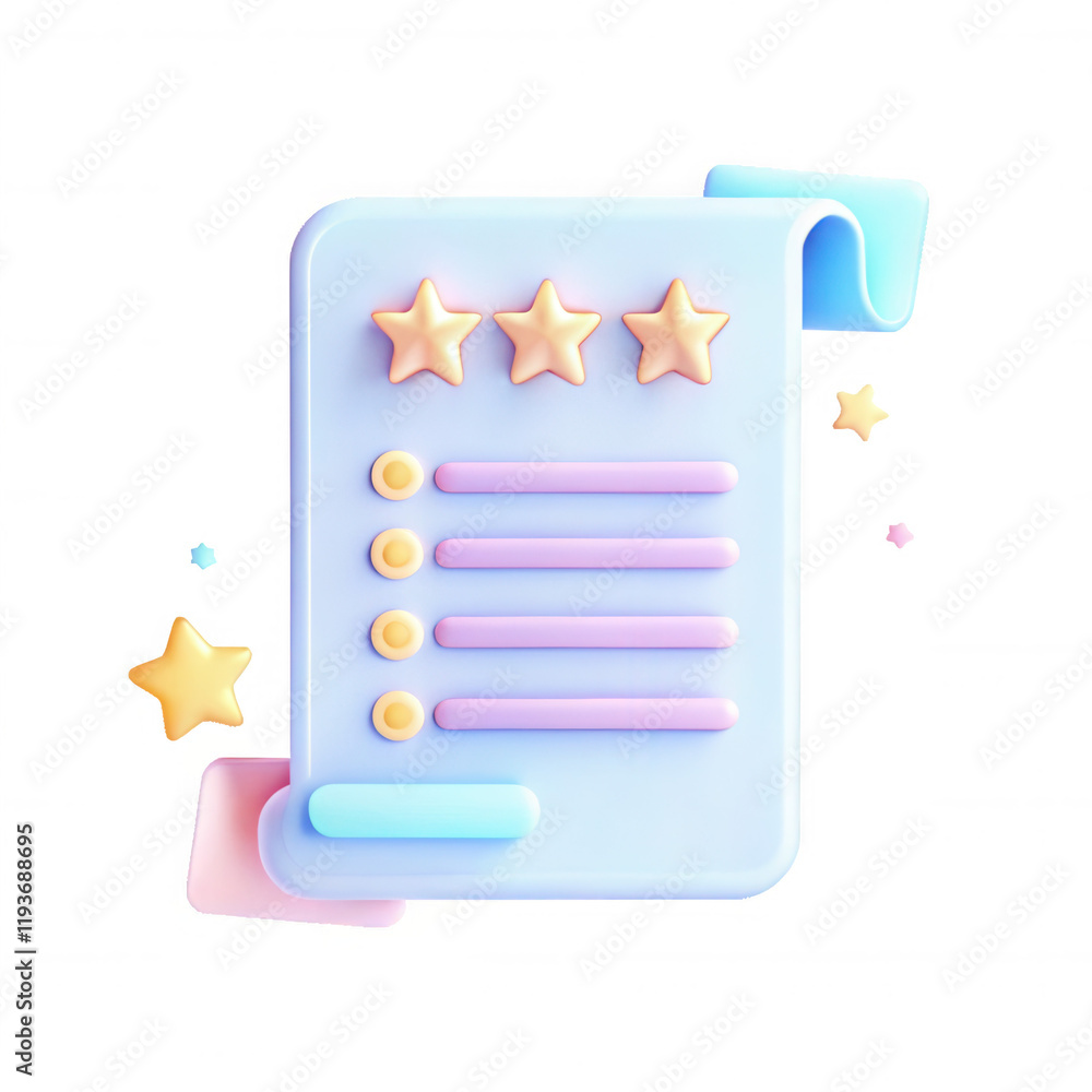 Poster a colorful 3d render of a review document featuring three golden stars and five circular dots. ideal