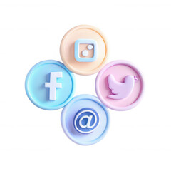 A collection of pastel-colored 3D social media icons, including Facebook, Twitter, Instagram, and an email symbol, arranged attractively.