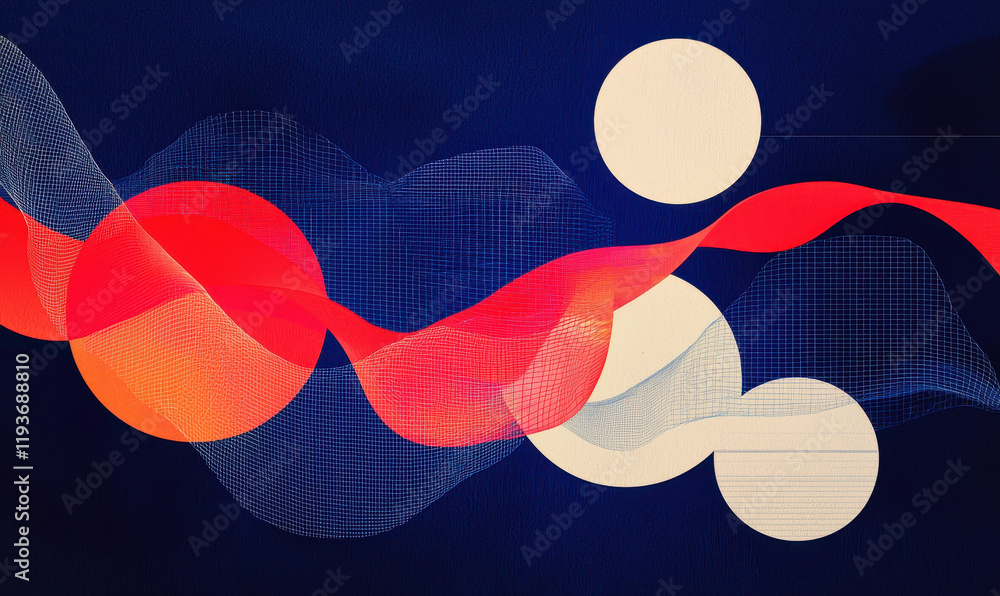 Poster dynamic abstract artwork featuring geometric shapes and vibrant waves in a modern colorful compositi