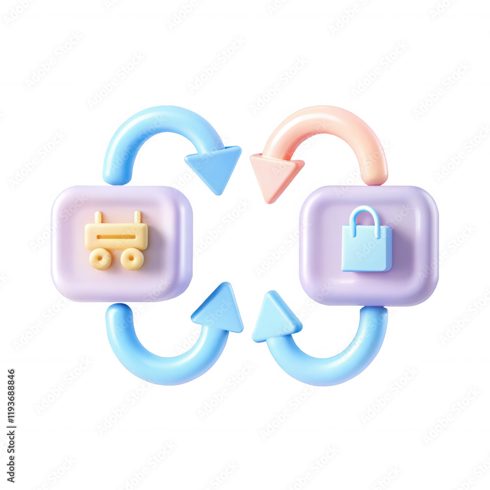 Poster 3d render of shopping cart and bag icons with arrows indicating a flow of shopping processes, emphas