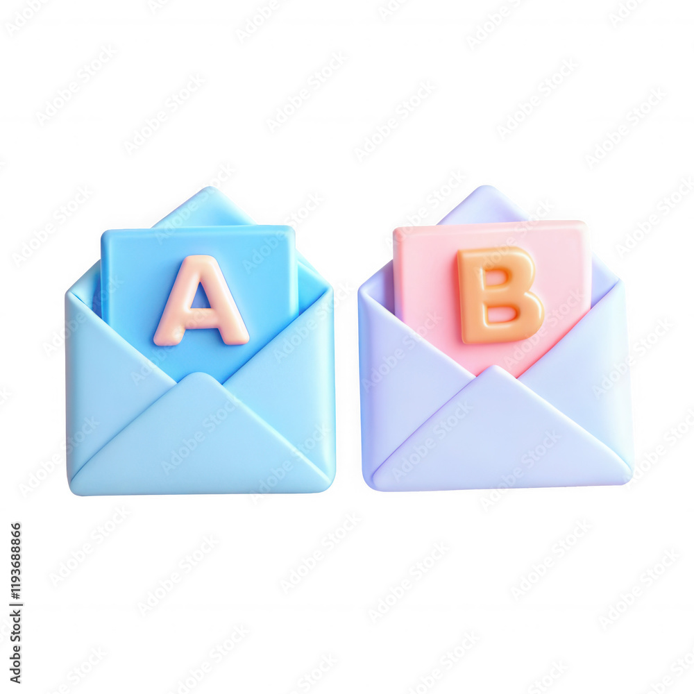 Poster this image features two stylized envelopes, one blue with an 'a' card and the other lavender with a 