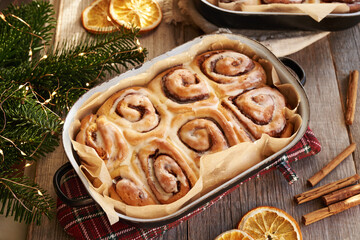 Homemade cinnamon rolls in a baking pan