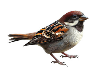 Fototapeta premium A beautiful sparrow photorealistic on a white background high-resolution digital photography high quality bright professional studio lighting sharp focus depth of field highly detailed