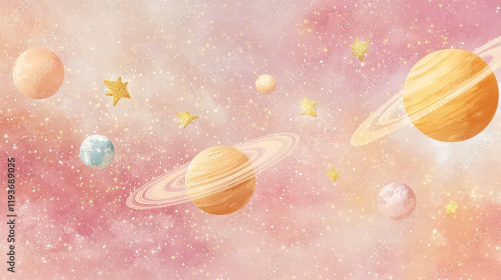 Poster an artistic rendering of the solar system with planets and shimmering golden stars set against a sof