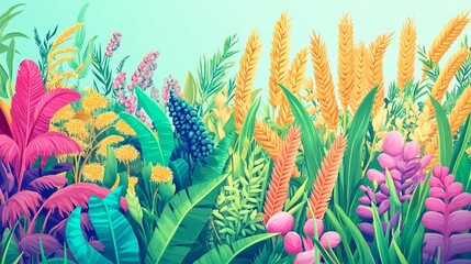 Obraz premium Vibrant illustration of edible plants featuring agricultural crops cash crops like wheat and rice