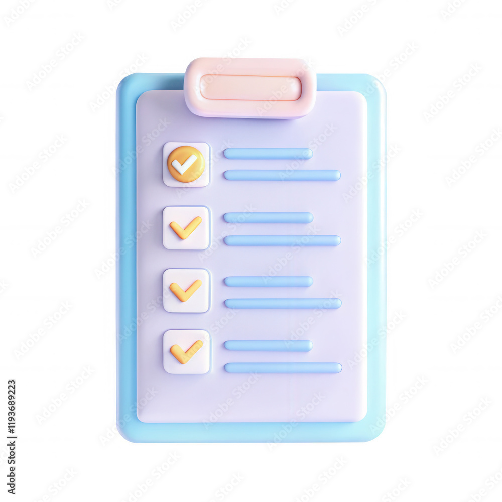 Poster a colorful 3d checklist featuring a clipboard design with tick marks. it's created with a playful ae