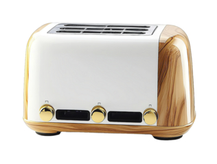 A toaster with wood grain accents in white and gold color scheme on an isolated background