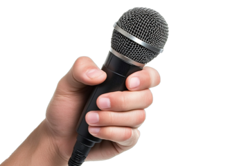 Hand holding a microphone isolated on a white background.