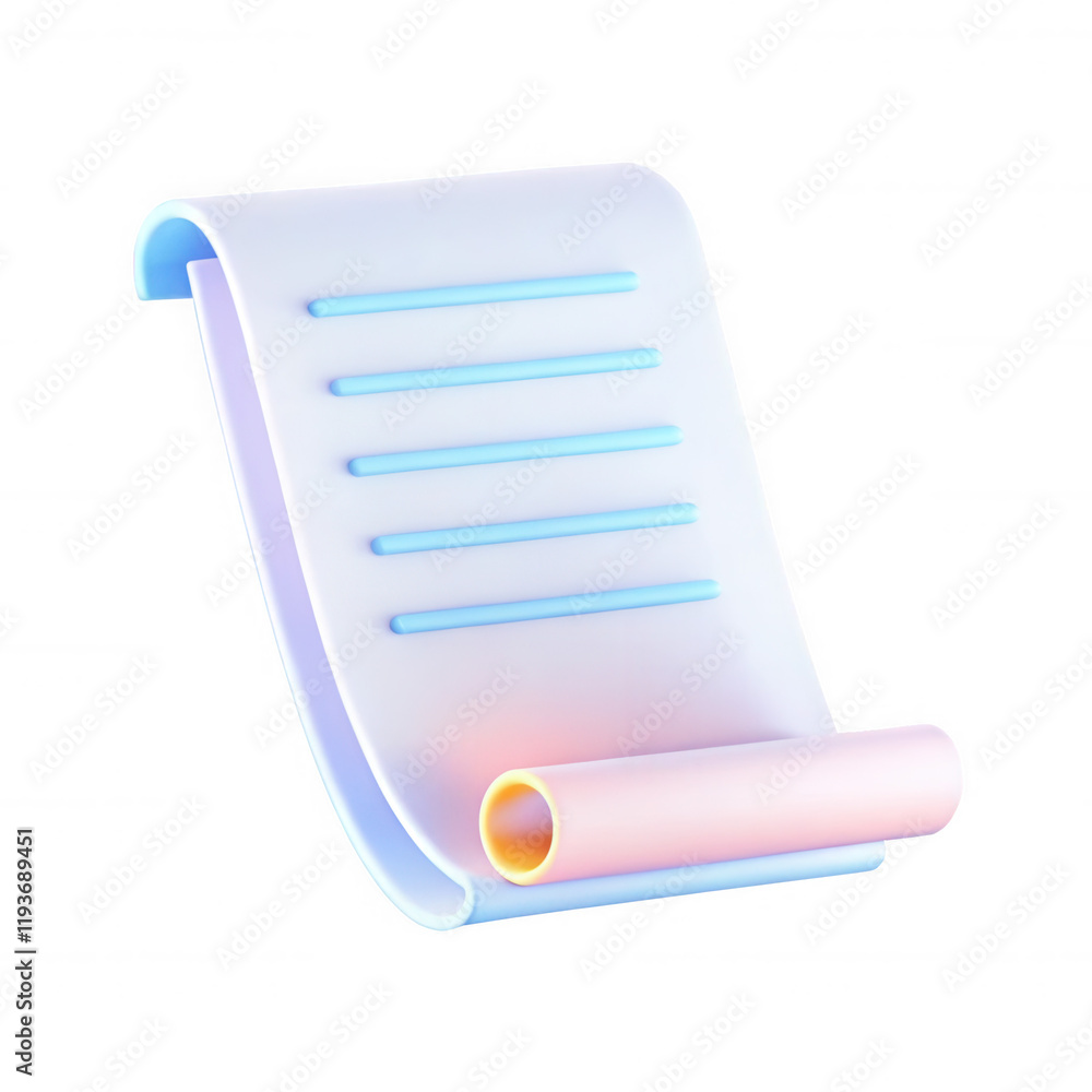 Poster a sleek and colorful 3d render of a paper scroll, featuring blue lines and a tube at the end, ideal 