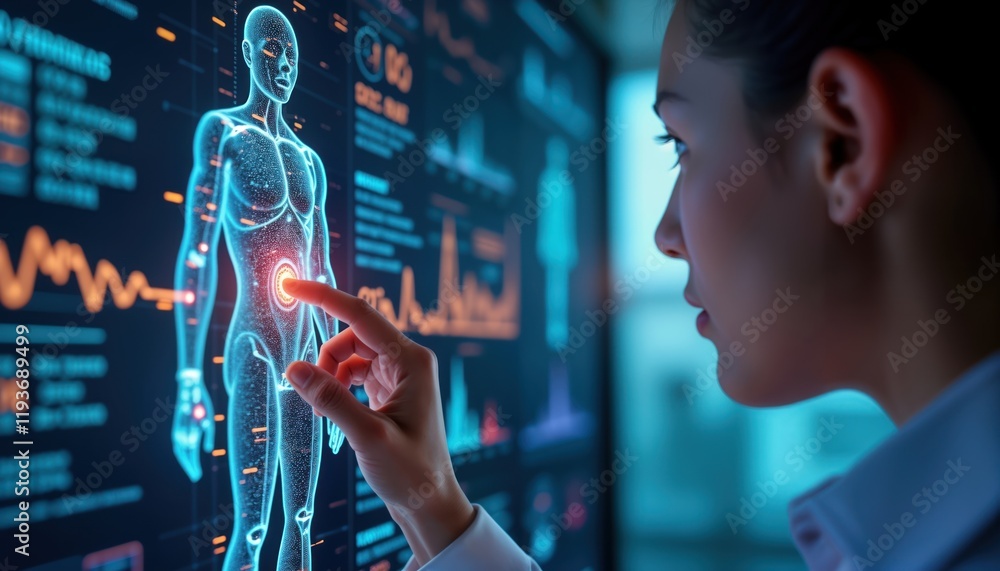 Poster person interacts with virtual health consultation interface. woman focuses on 3d model of human anat