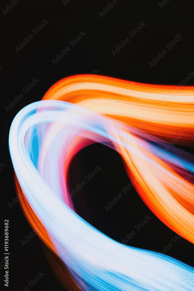 Poster dynamic abstract light trails creating vibrant neon curves against a dark background