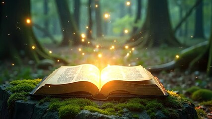 Open book emitting glowing light in a forest setting