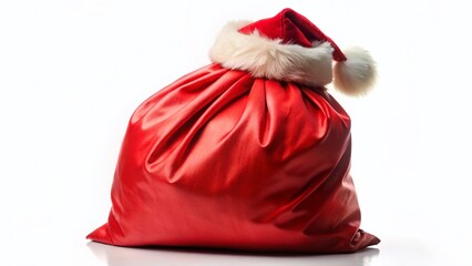 Red Santa Claus Gift Bag, Isolated White Background, Christmas Holiday, Festive Season, Empty Space