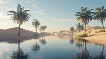 Serene oasis with palm trees reflecting in calm water.