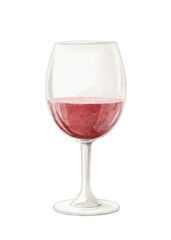 Watercolor red rose wine drink in tall glass goblet half full isolated on white background. Hand drawn illustration sketch