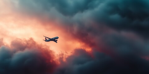 Naklejka premium Commercial airplane jetliner flying above dramatic clouds.