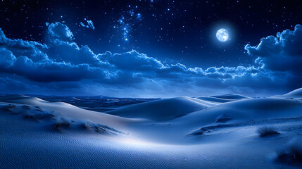 Naklejka premium A serene desert landscape with vast dunes under a starry night sky illuminated by soft moonlight.