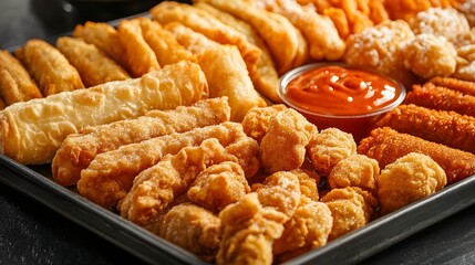 A large serving tray of assorted fried foods such as chicken tenders egg rolls and churros dusted with sugar.