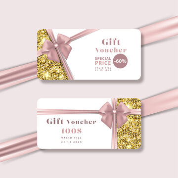 Gift card template with realistic red bow. Certificate, coupon, flyer design. Discount card for shop or boutique. Vector illustration