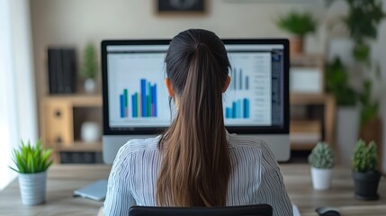 Woman analyzing data charts on a computer screen at her home office