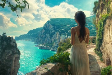 Europe Italy Capri travel vacation. Woman looking at view on famous travel destination