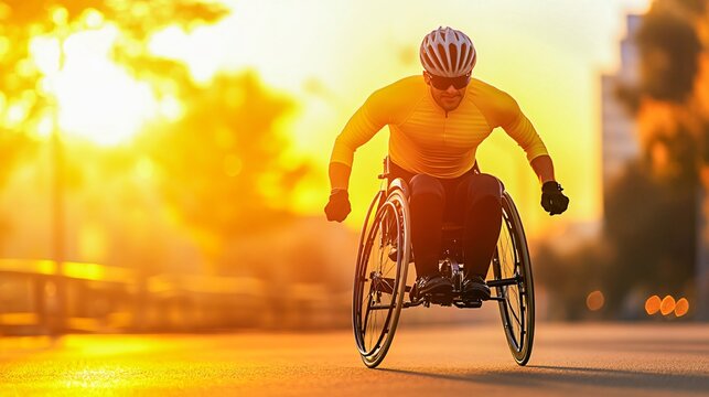 A man in a yellow shirt is riding a wheelchair down a street. The sun is setting, casting a warm glow over the scene. The man is enjoying the ride, and the image conveys a sense of freedom